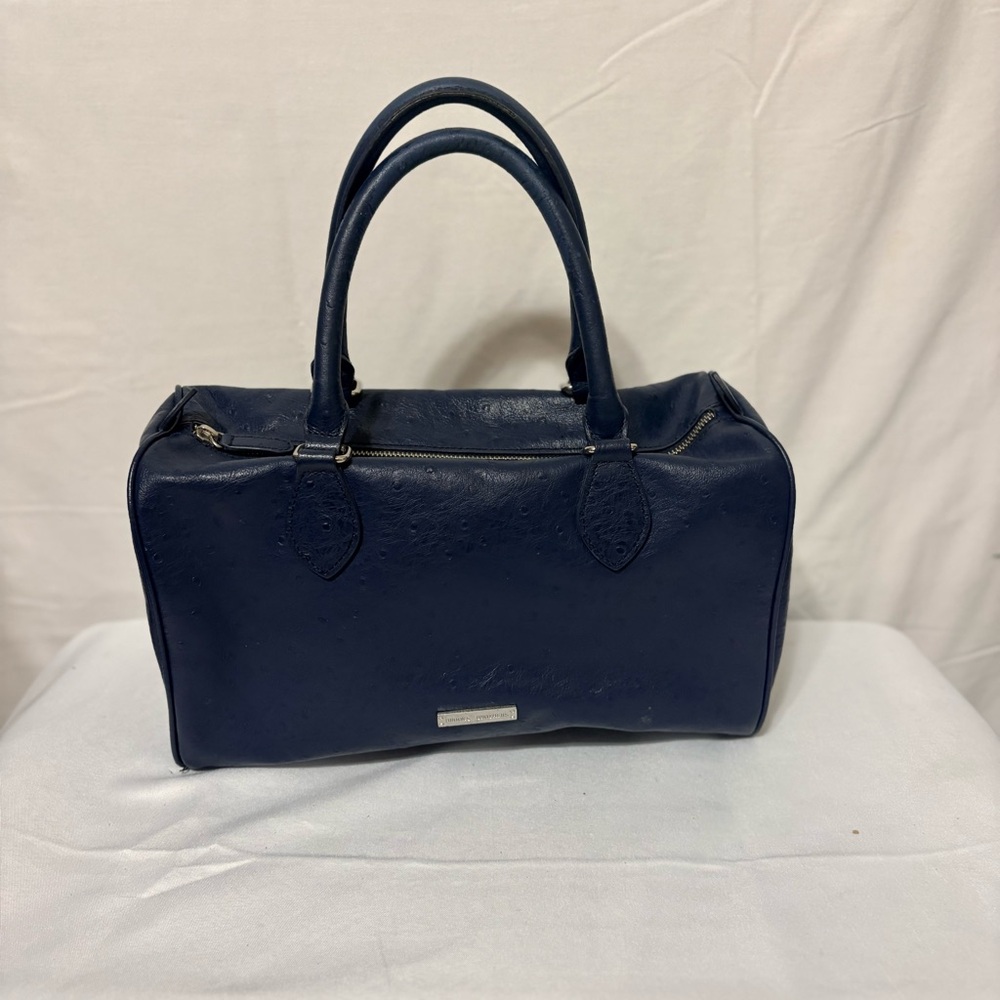 Brooks Brothers navy blue barrel bag satchel made of embossed pebbled leather